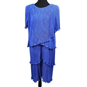 Patra Vintage Cobalt Blue Pleated Tiered Midi Dress Short Sleeve Plisse Formal